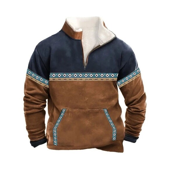 Mens XL Quarter Zip Sweatshirt Western Aztec Cowboy Pockets Fur Collared - Picture 1 of 10